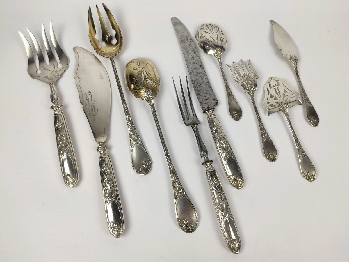 Puiforcat: Exceptional Set Of Silver Service Cutlery, Iris Art Nouveau. Salad,-photo-4