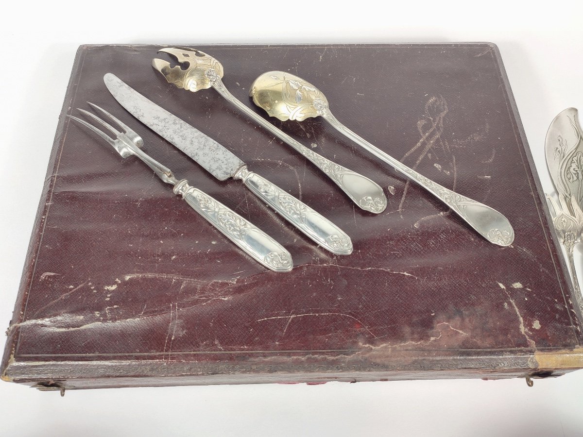 Puiforcat: Exceptional Set Of Silver Service Cutlery, Iris Art Nouveau. Salad,-photo-1