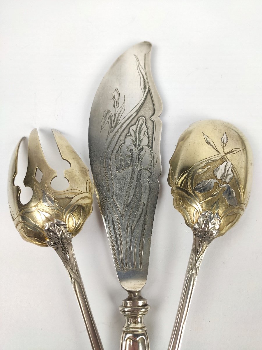 Puiforcat: Exceptional Set Of Silver Service Cutlery, Iris Art Nouveau. Salad,-photo-4