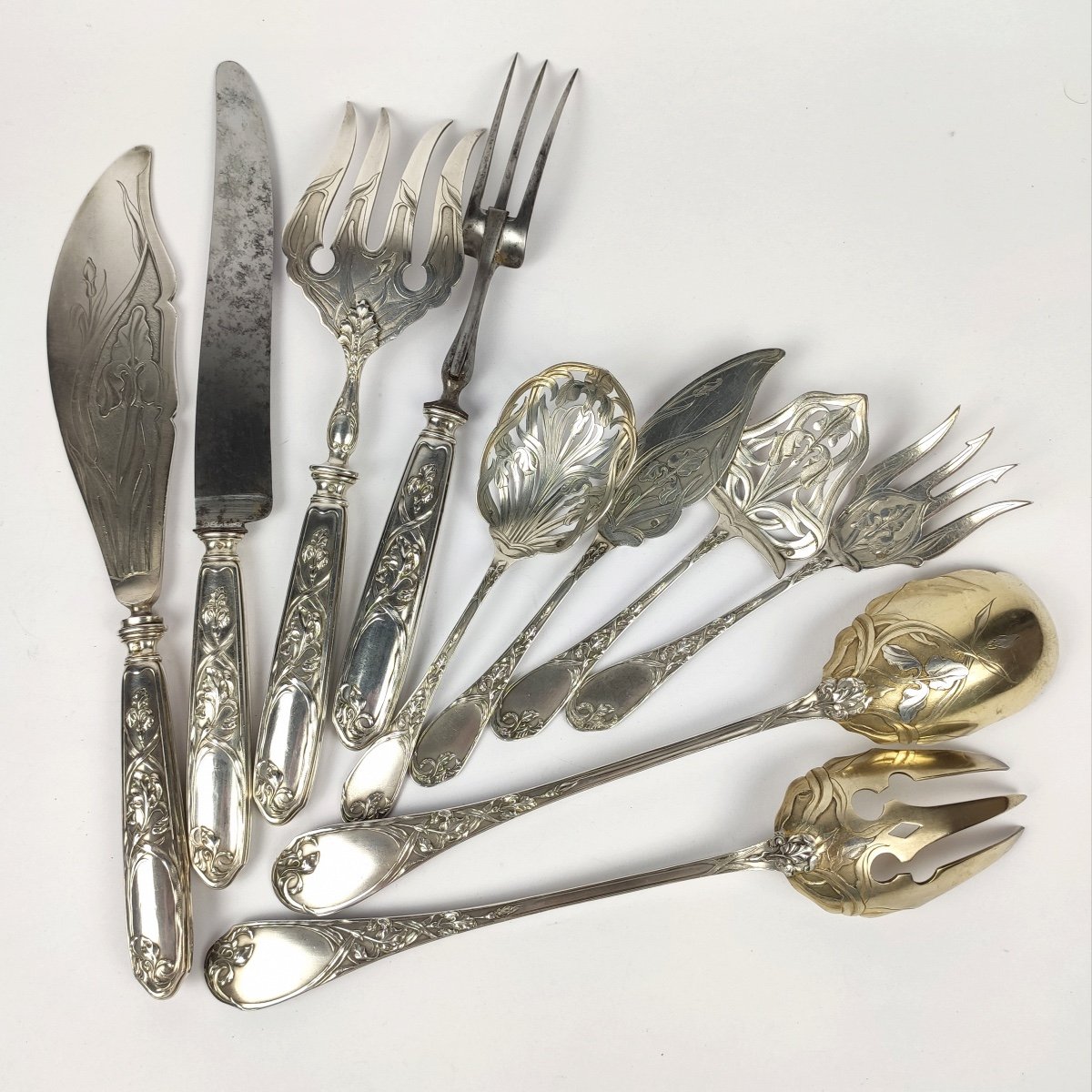 Puiforcat: Exceptional Set Of Silver Service Cutlery, Iris Art Nouveau. Salad,-photo-6