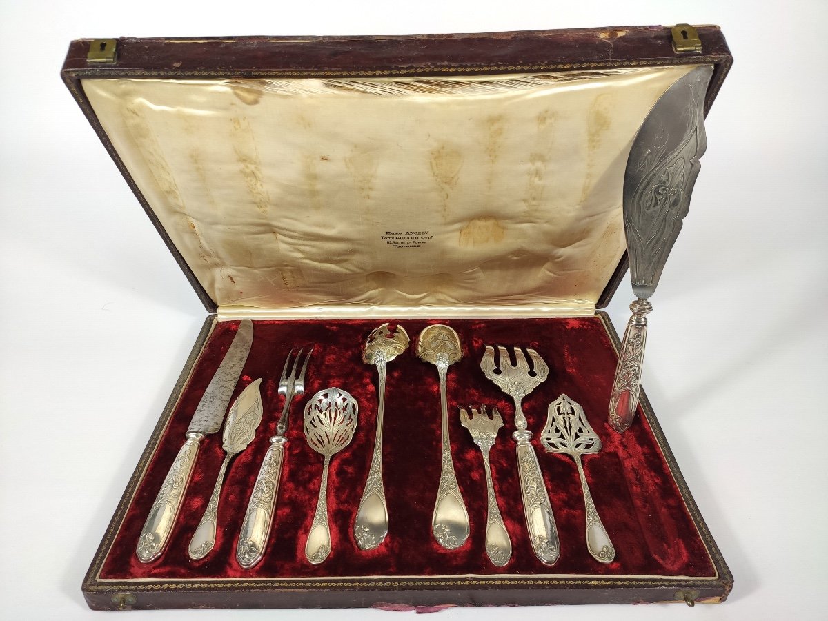 Puiforcat: Exceptional Set Of Silver Service Cutlery, Iris Art Nouveau. Salad,