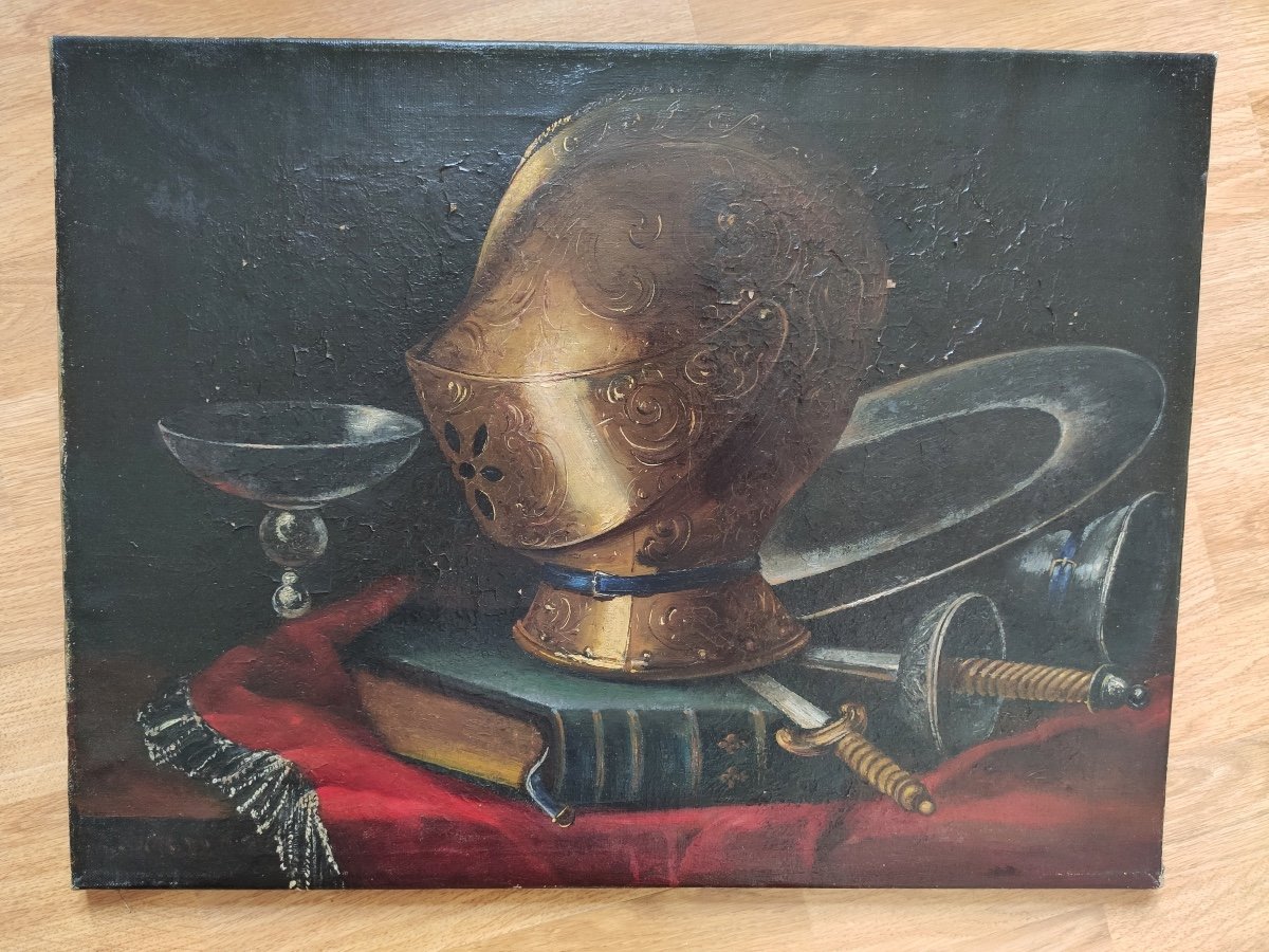 Ecole Du XIXe : Nature Morte Au Heaume, Armure Et épée, Huile Sur Toile ! Tableau Peinture-photo-5