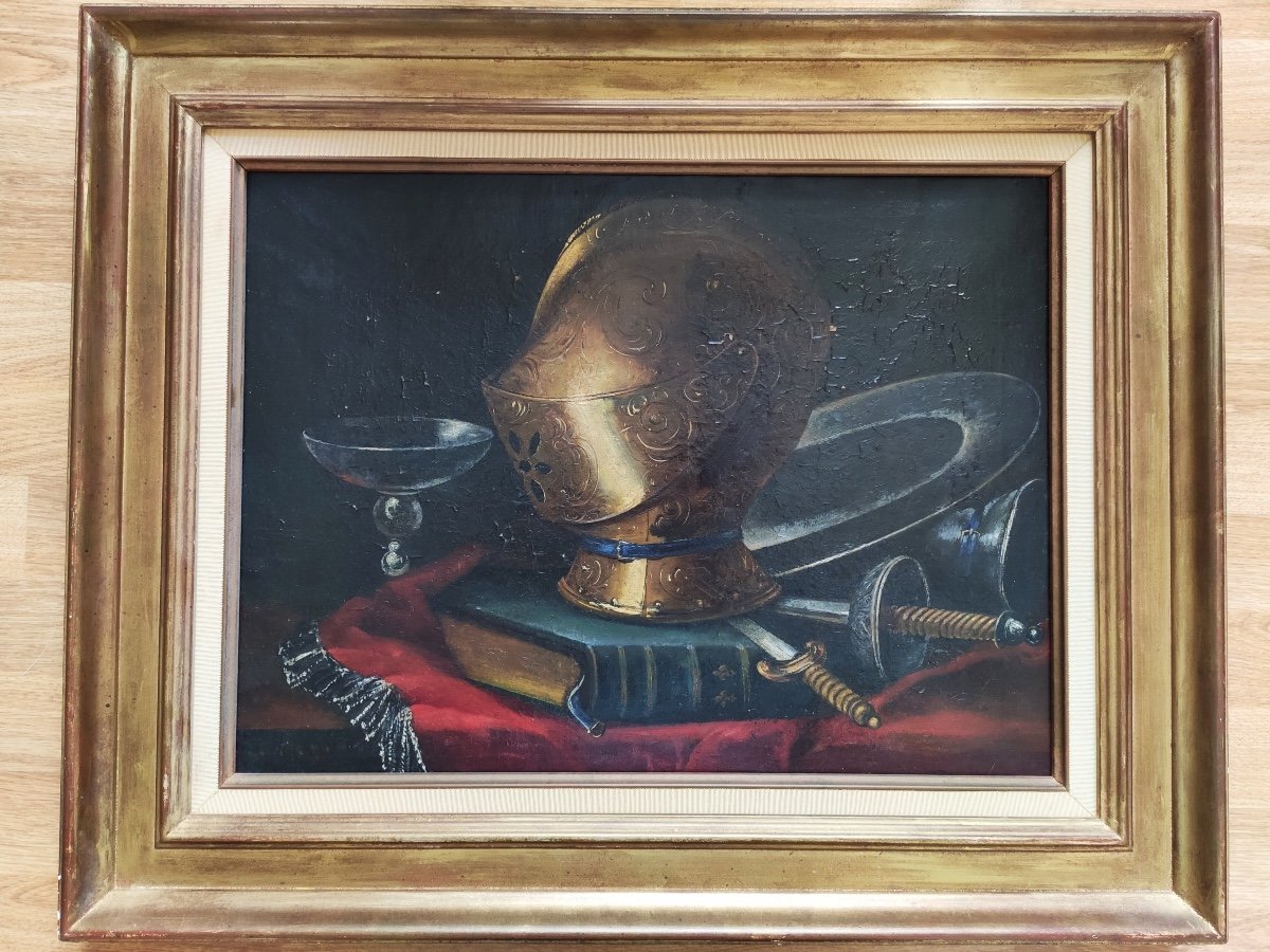 Ecole Du XIXe : Nature Morte Au Heaume, Armure Et épée, Huile Sur Toile ! Tableau Peinture