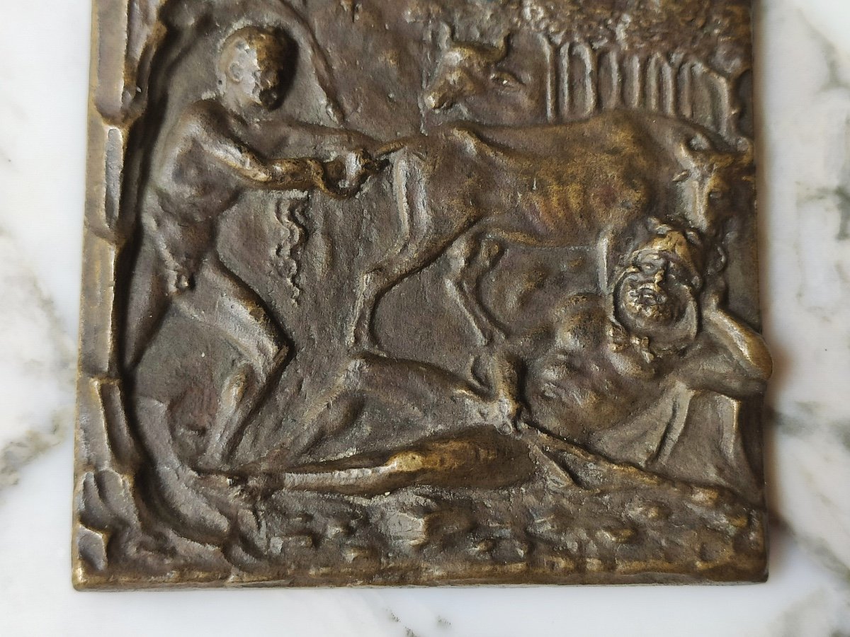 Moderno : plaquette en bronze Hercule et Cacus / le vol du troupeau de Géryon, Padoue, XVIe siè-photo-1