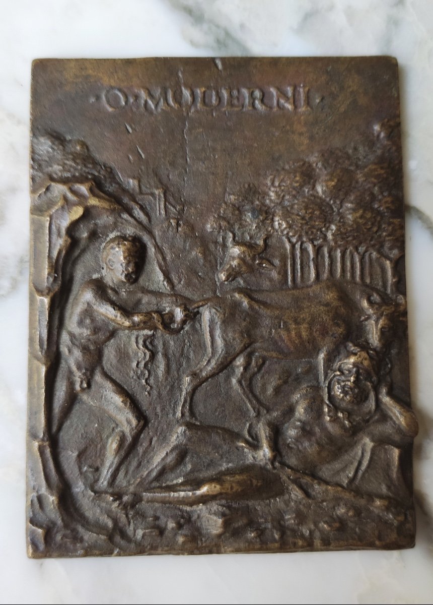 Moderno : plaquette en bronze Hercule et Cacus / le vol du troupeau de Géryon, Padoue, XVIe siè-photo-2