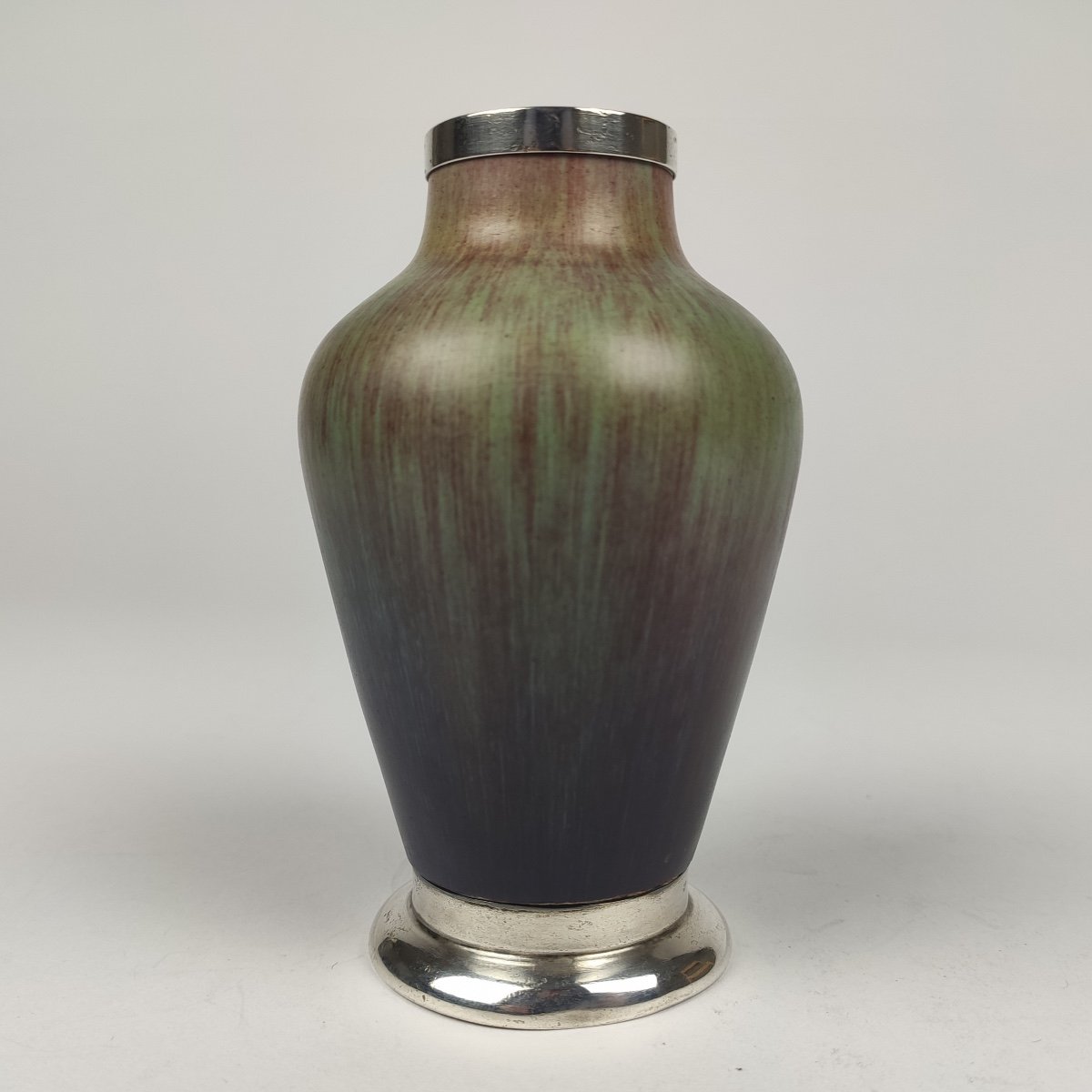 Eug&egrave;ne Baudin : Superbe Petit Vase En Gr&egrave;s &eacute;maill&eacute; Vert Et Violet, Mont&eacute; En Argent.  XIXe - XXe-photo-1