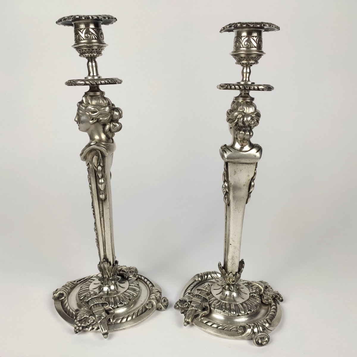 Superb Pair Of Candlesticks In Silvered Bronze, Women In Terms, Antique Style. Nineteenth Century.-photo-3