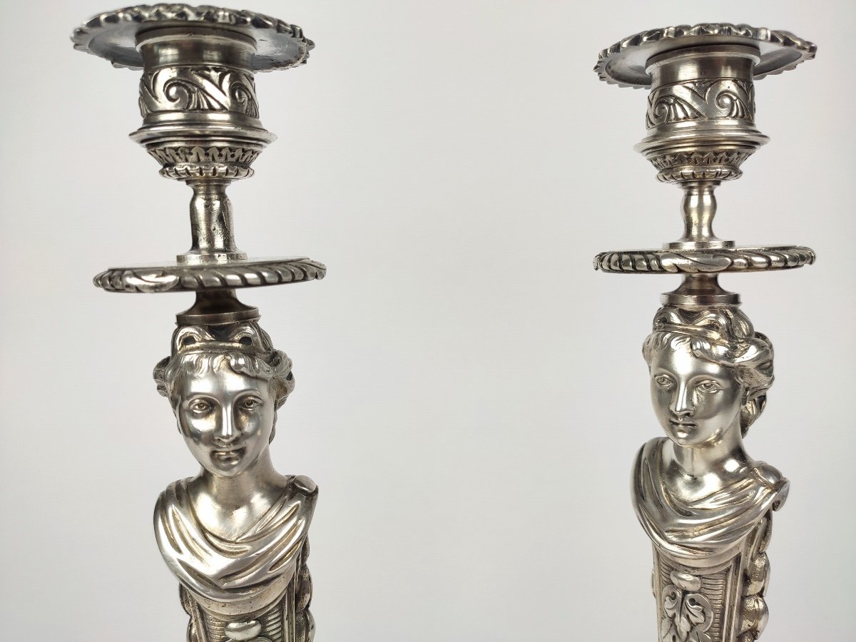 Superb Pair Of Candlesticks In Silvered Bronze, Women In Terms, Antique Style. Nineteenth Century.-photo-4