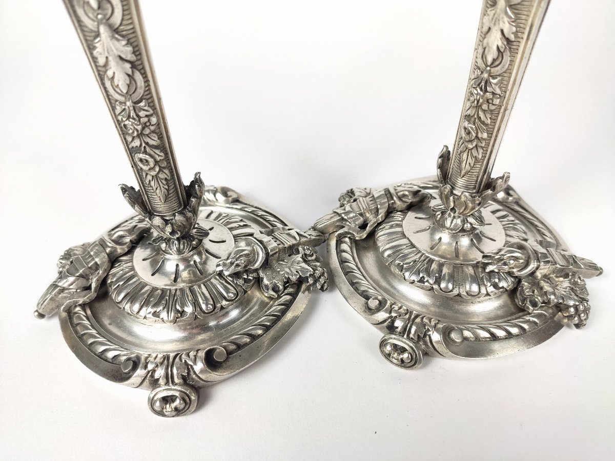 Superb Pair Of Candlesticks In Silvered Bronze, Women In Terms, Antique Style. Nineteenth Century.-photo-2