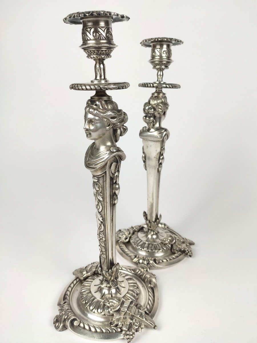 Superb Pair Of Candlesticks In Silvered Bronze, Women In Terms, Antique Style. Nineteenth Century.-photo-4