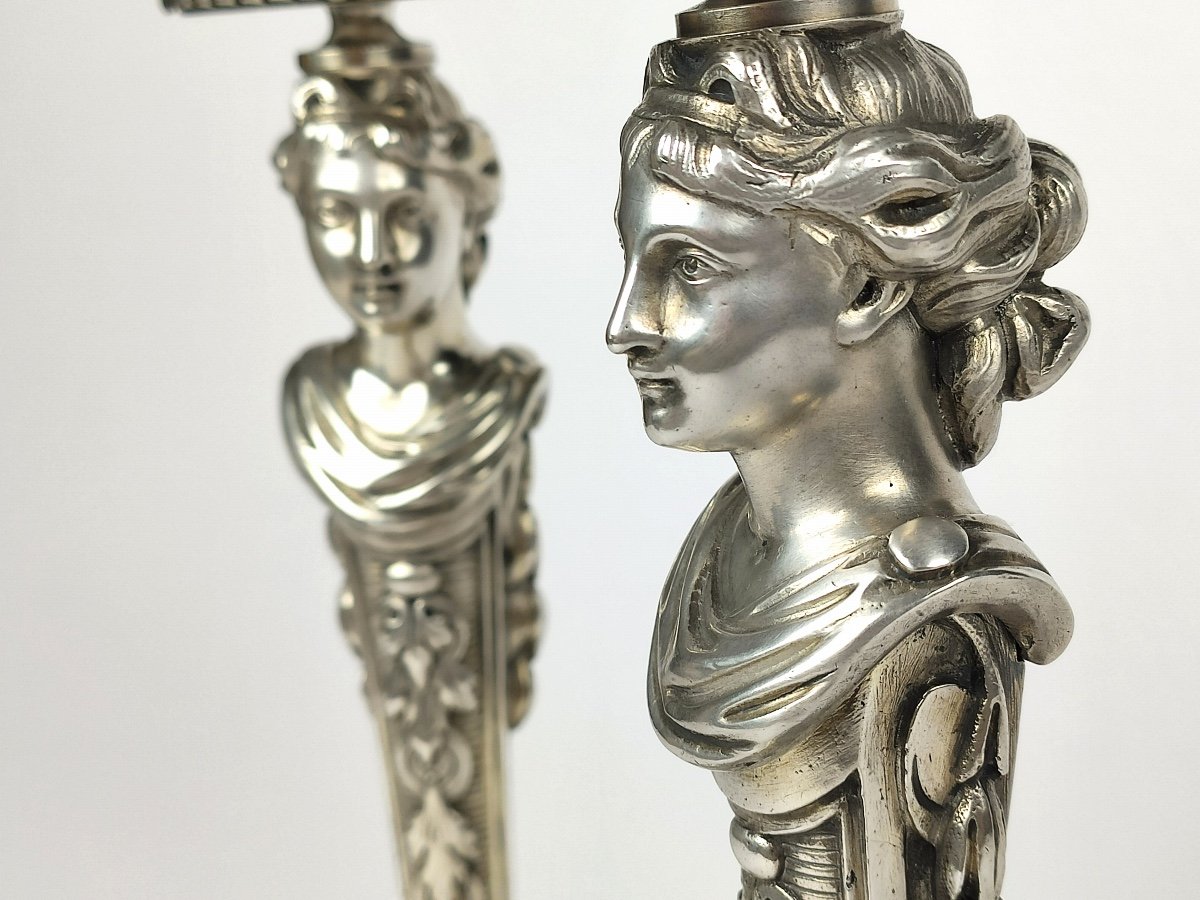 Superb Pair Of Candlesticks In Silvered Bronze, Women In Terms, Antique Style. Nineteenth Century.-photo-5