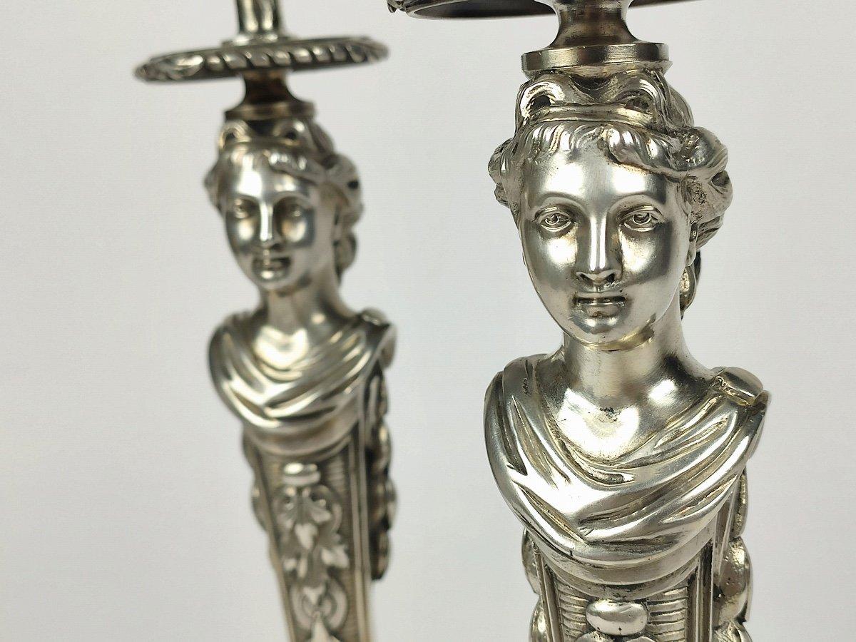 Superb Pair Of Candlesticks In Silvered Bronze, Women In Terms, Antique Style. Nineteenth Century.-photo-6