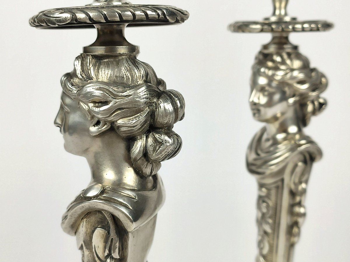 Superb Pair Of Candlesticks In Silvered Bronze, Women In Terms, Antique Style. Nineteenth Century.-photo-7