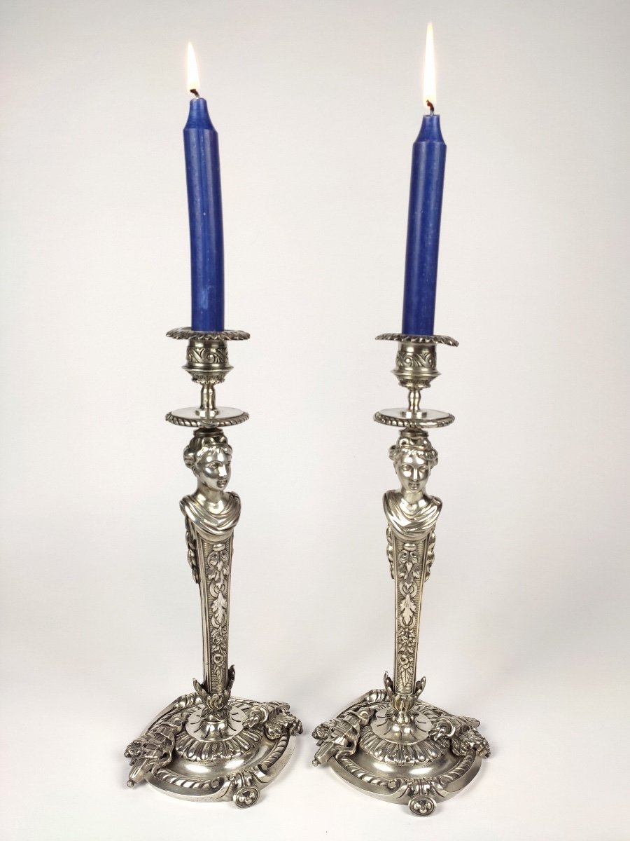 Superb Pair Of Candlesticks In Silvered Bronze, Women In Terms, Antique Style. Nineteenth Century.