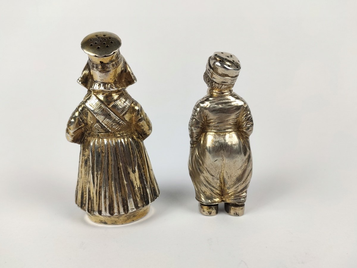 Charming Pair Of Salt / Pepper Shakers In Anthropomorphic Sterling Silver. -photo-3