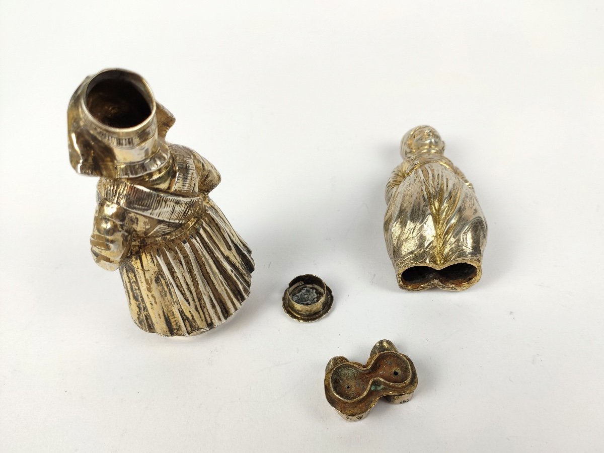 Charming Pair Of Salt / Pepper Shakers In Anthropomorphic Sterling Silver. -photo-4