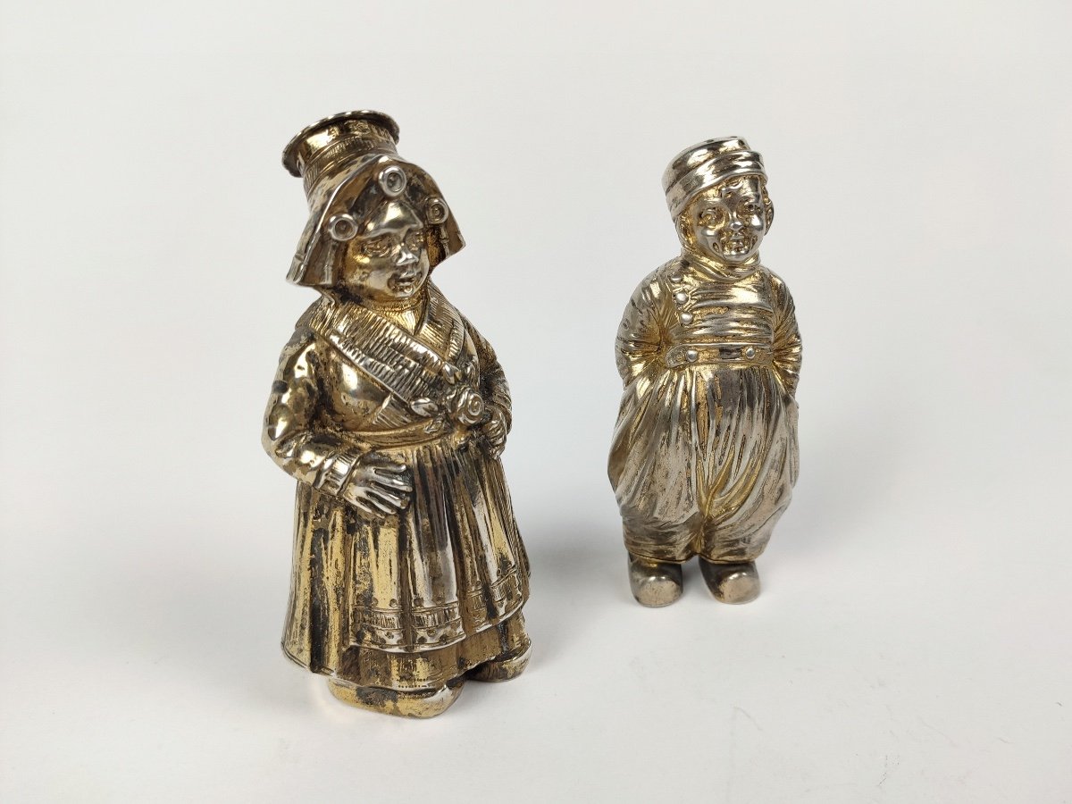 Charming Pair Of Salt / Pepper Shakers In Anthropomorphic Sterling Silver. -photo-5