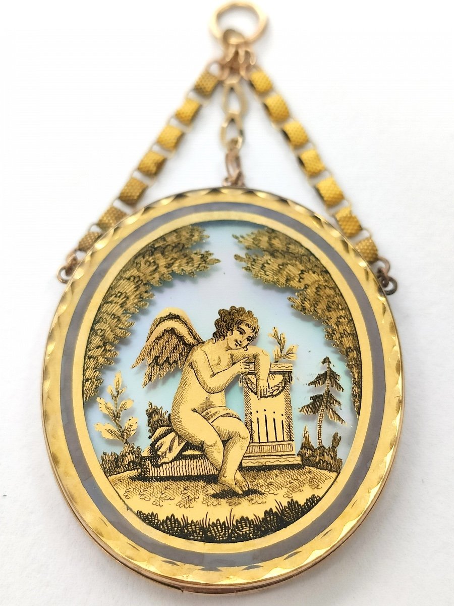 Romantic Pendant In Gold And Miniature Eglomisée Under Glass. Empire Period. Early 19th Century-photo-3