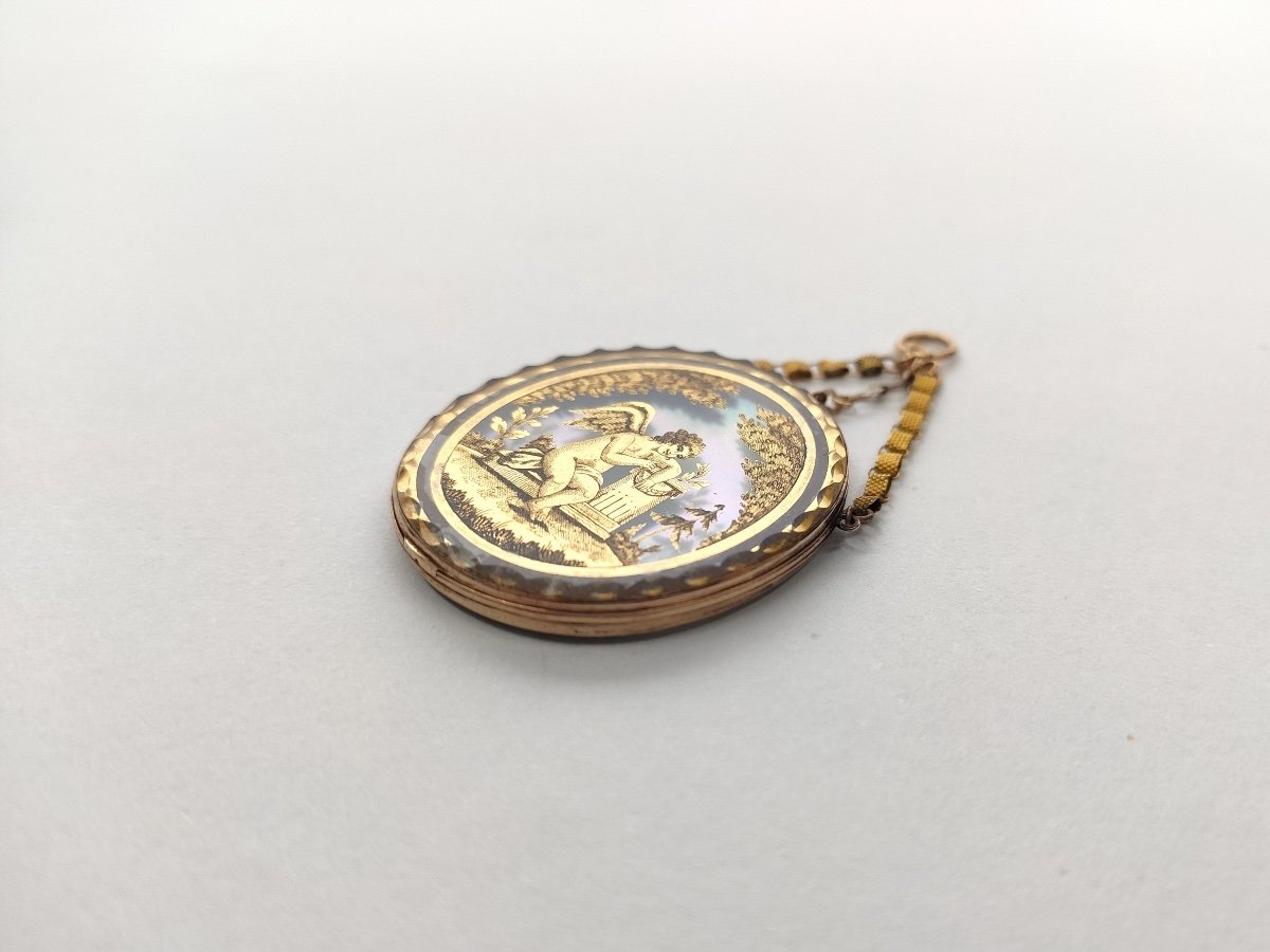 Romantic Pendant In Gold And Miniature Eglomisée Under Glass. Empire Period. Early 19th Century-photo-1