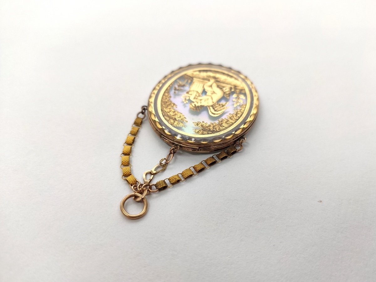 Romantic Pendant In Gold And Miniature Eglomisée Under Glass. Empire Period. Early 19th Century-photo-2