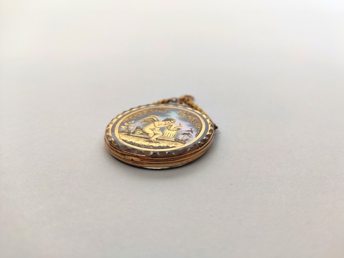 Romantic Pendant In Gold And Miniature Eglomisée Under Glass. Empire Period. Early 19th Century-photo-3