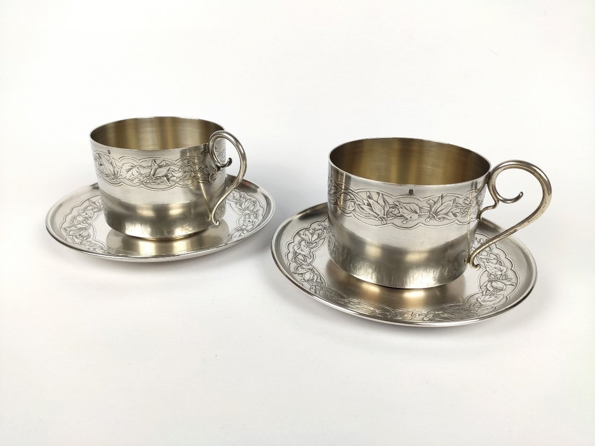 Bardiès : Paire De Grand Déjeuner, Tasse à Chocolat Art Nouveau En Argent Massif & Vermeil 1900-photo-2