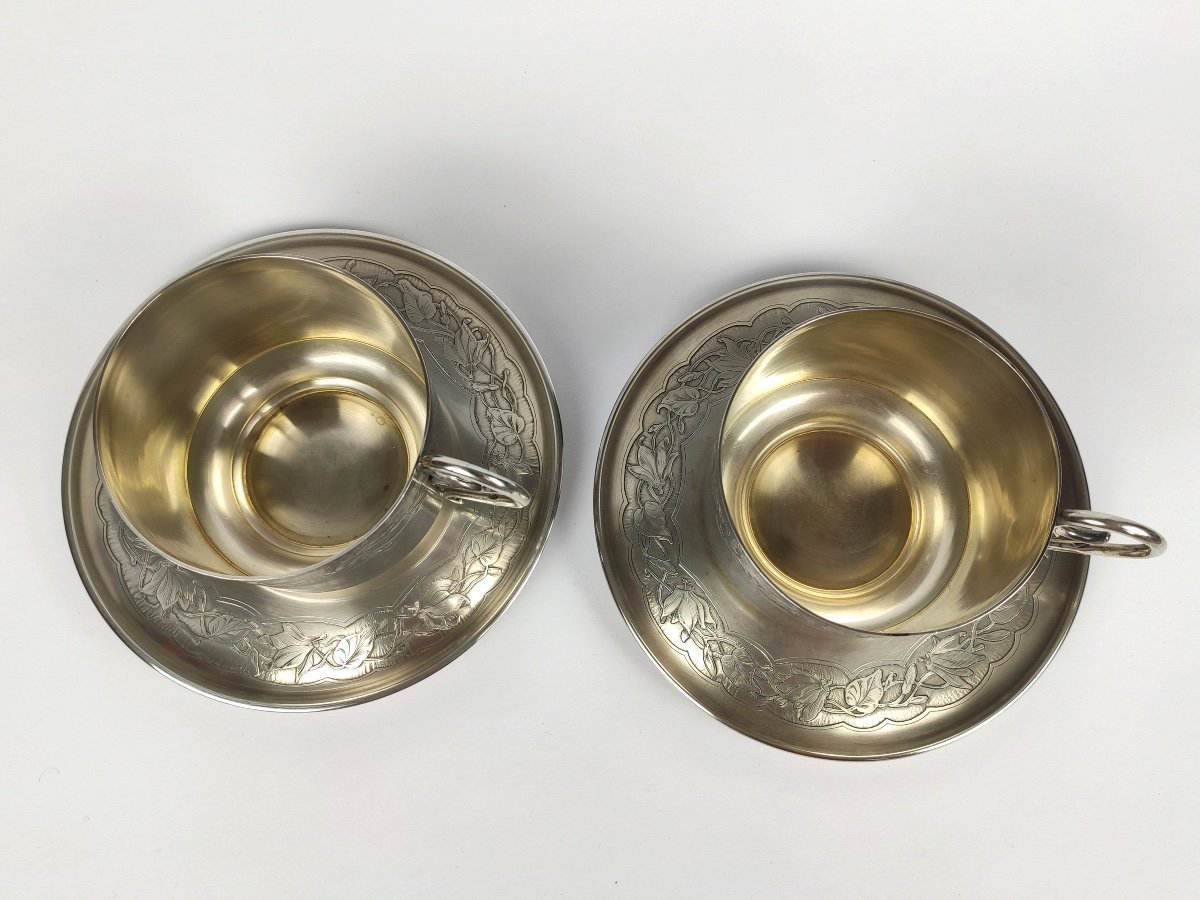Bardiès : Paire De Grand Déjeuner, Tasse à Chocolat Art Nouveau En Argent Massif & Vermeil 1900-photo-3