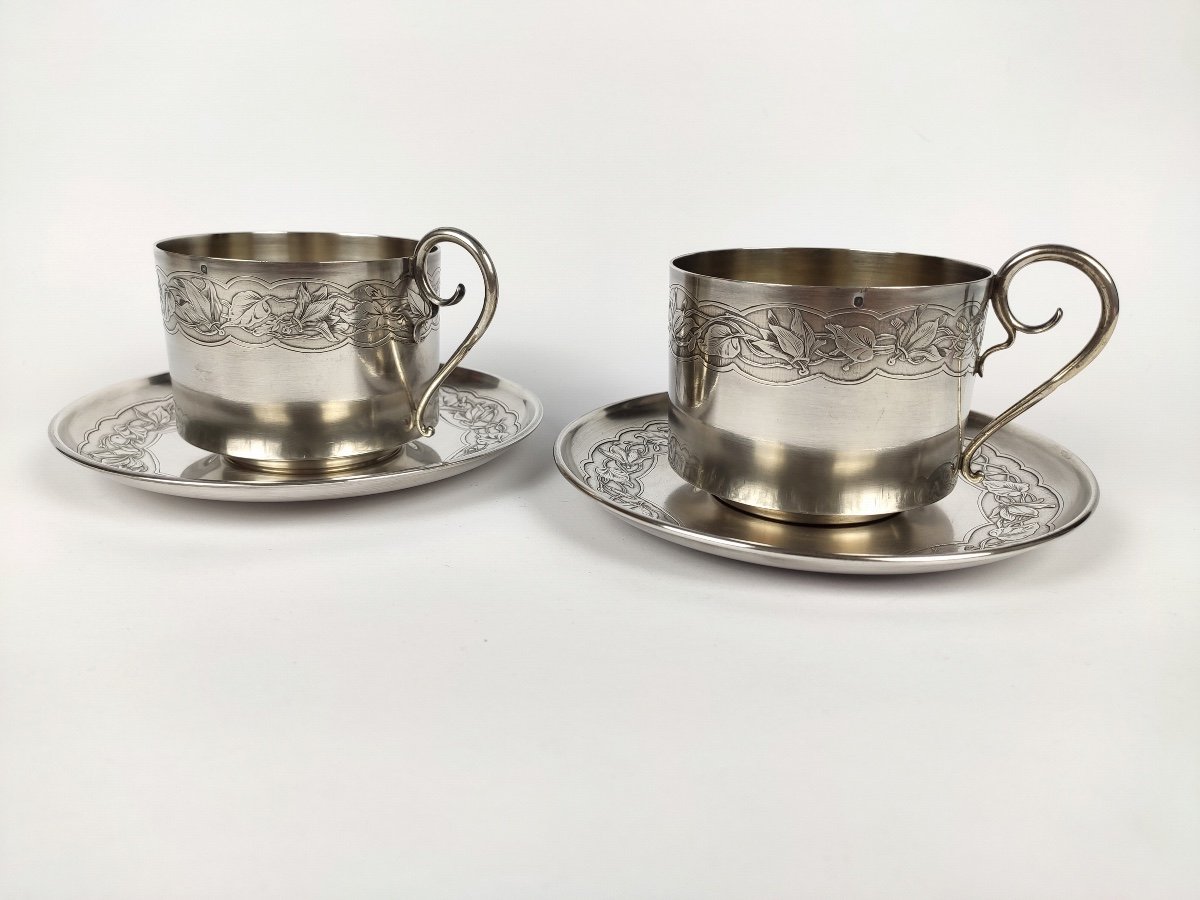 Bardiès : Paire De Grand Déjeuner, Tasse à Chocolat Art Nouveau En Argent Massif & Vermeil 1900-photo-4