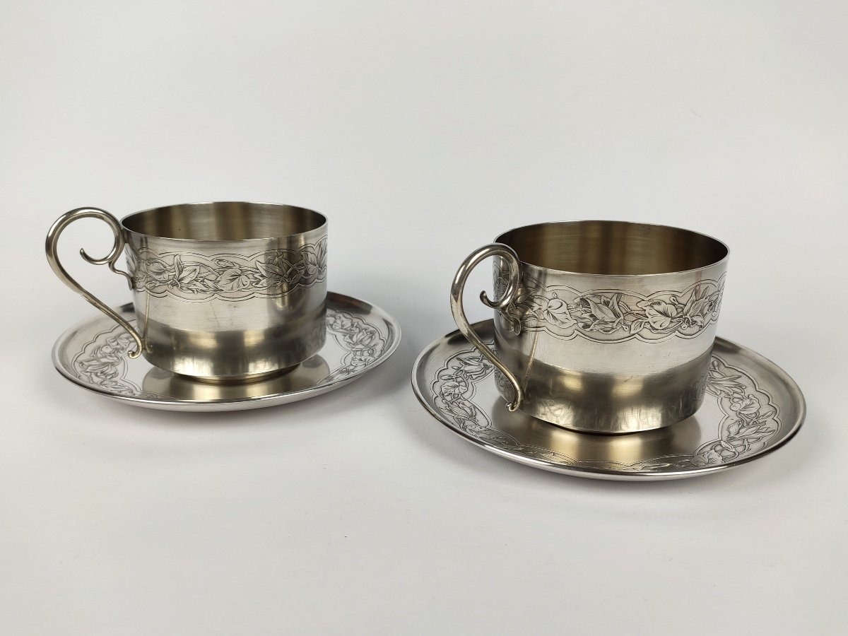 Bardiès : Paire De Grand Déjeuner, Tasse à Chocolat Art Nouveau En Argent Massif & Vermeil 1900-photo-1