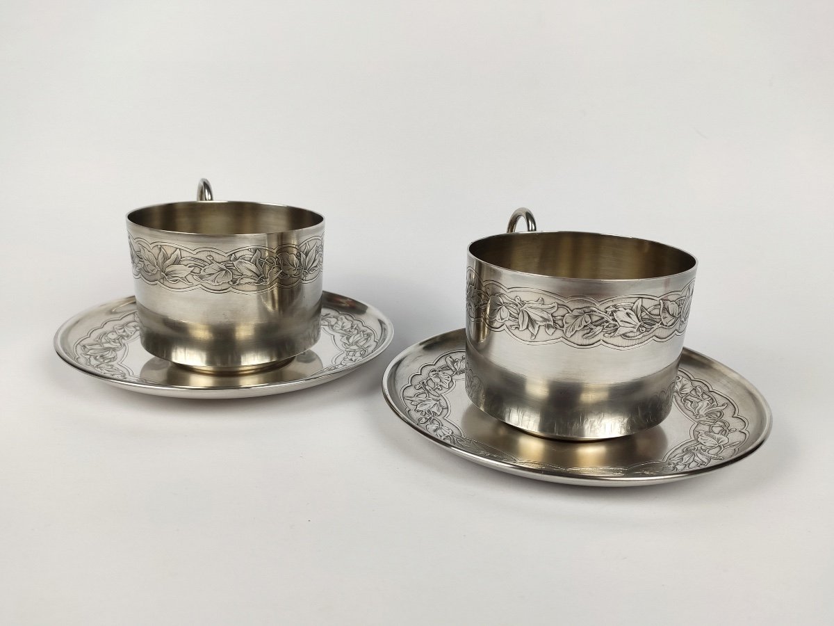 Bardiès : Paire De Grand Déjeuner, Tasse à Chocolat Art Nouveau En Argent Massif & Vermeil 1900-photo-2