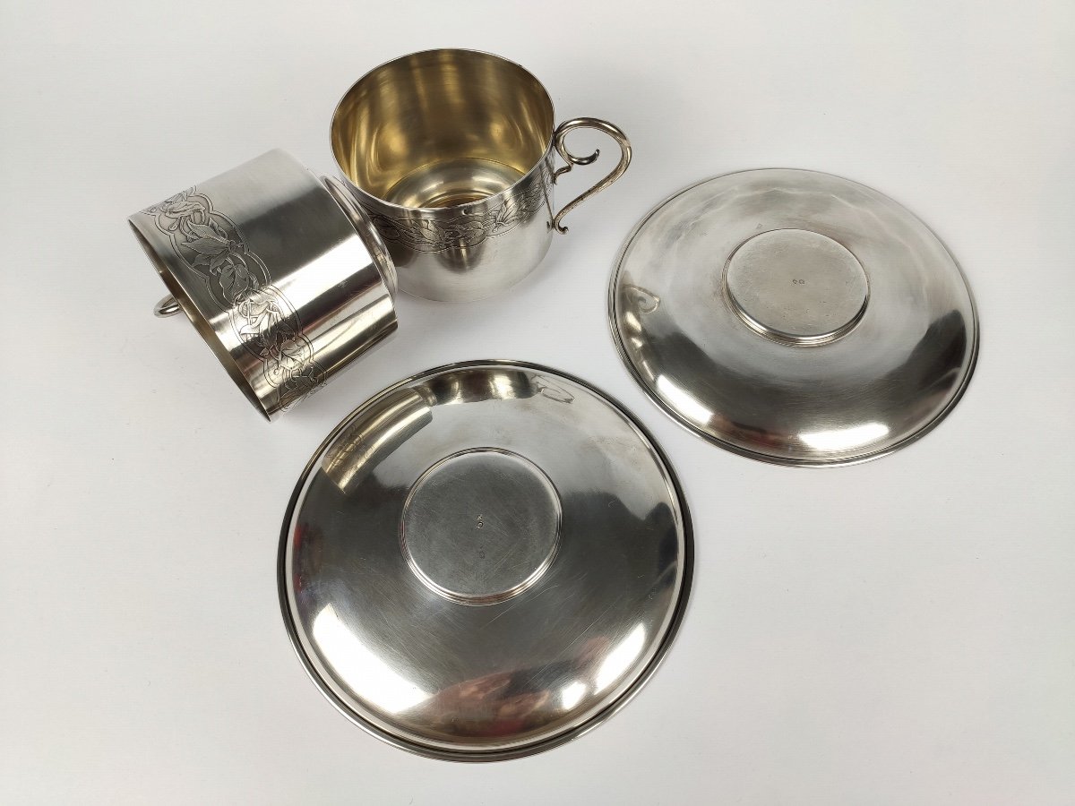 Bardiès : Paire De Grand Déjeuner, Tasse à Chocolat Art Nouveau En Argent Massif & Vermeil 1900-photo-4