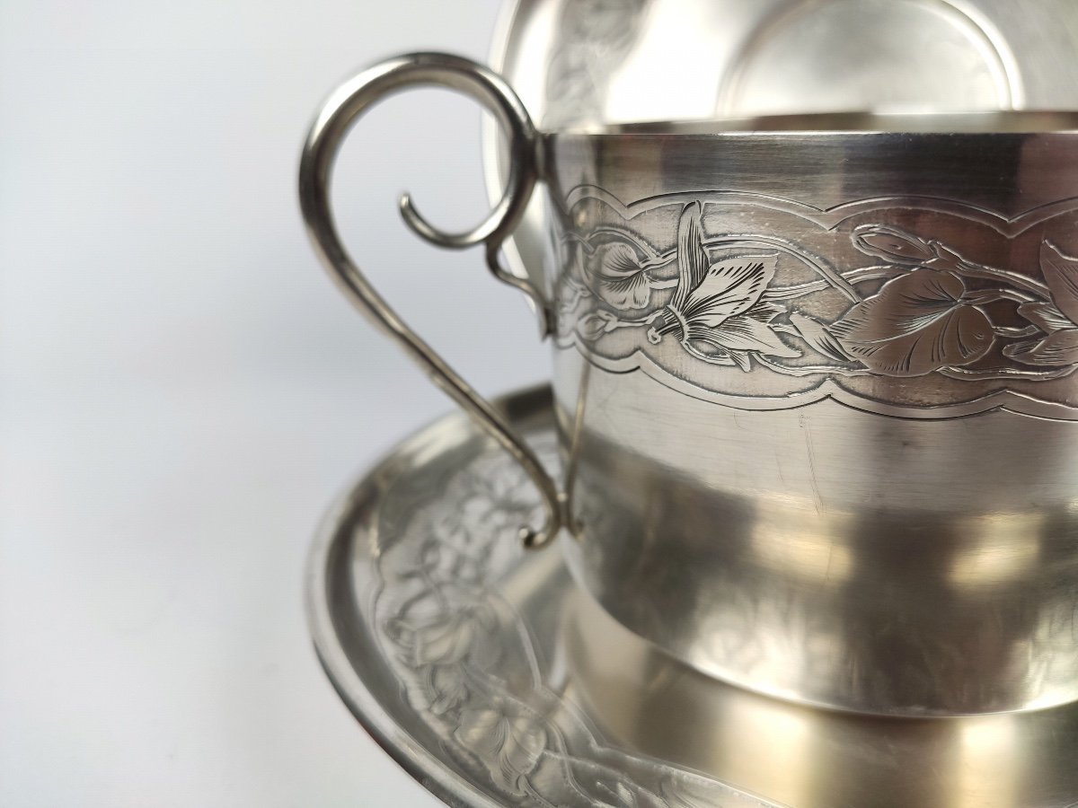 Bardiès : Paire De Grand Déjeuner, Tasse à Chocolat Art Nouveau En Argent Massif & Vermeil 1900-photo-5