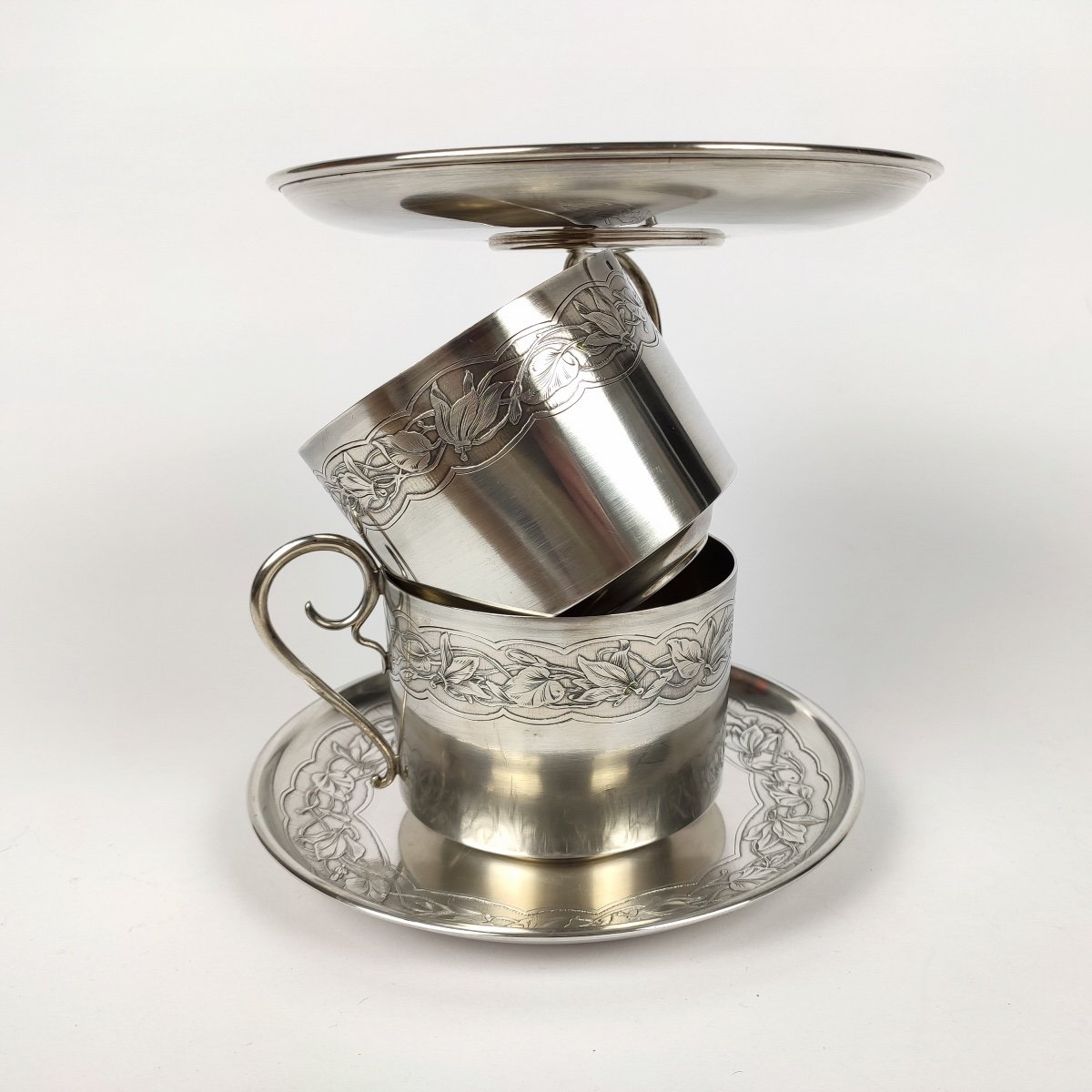 Bardiès : Paire De Grand Déjeuner, Tasse à Chocolat Art Nouveau En Argent Massif & Vermeil 1900-photo-6