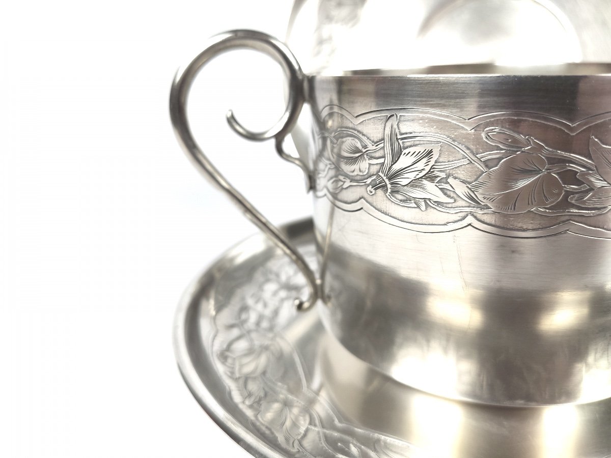 Bardiès : Paire De Grand Déjeuner, Tasse à Chocolat Art Nouveau En Argent Massif & Vermeil 1900