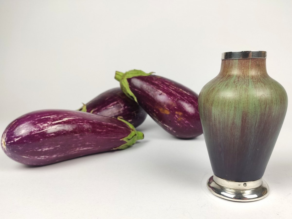 Eugène Baudin : interessant Petit Vase En Grès émaillé Vert Et Violet, Monté En Argent. -photo-2