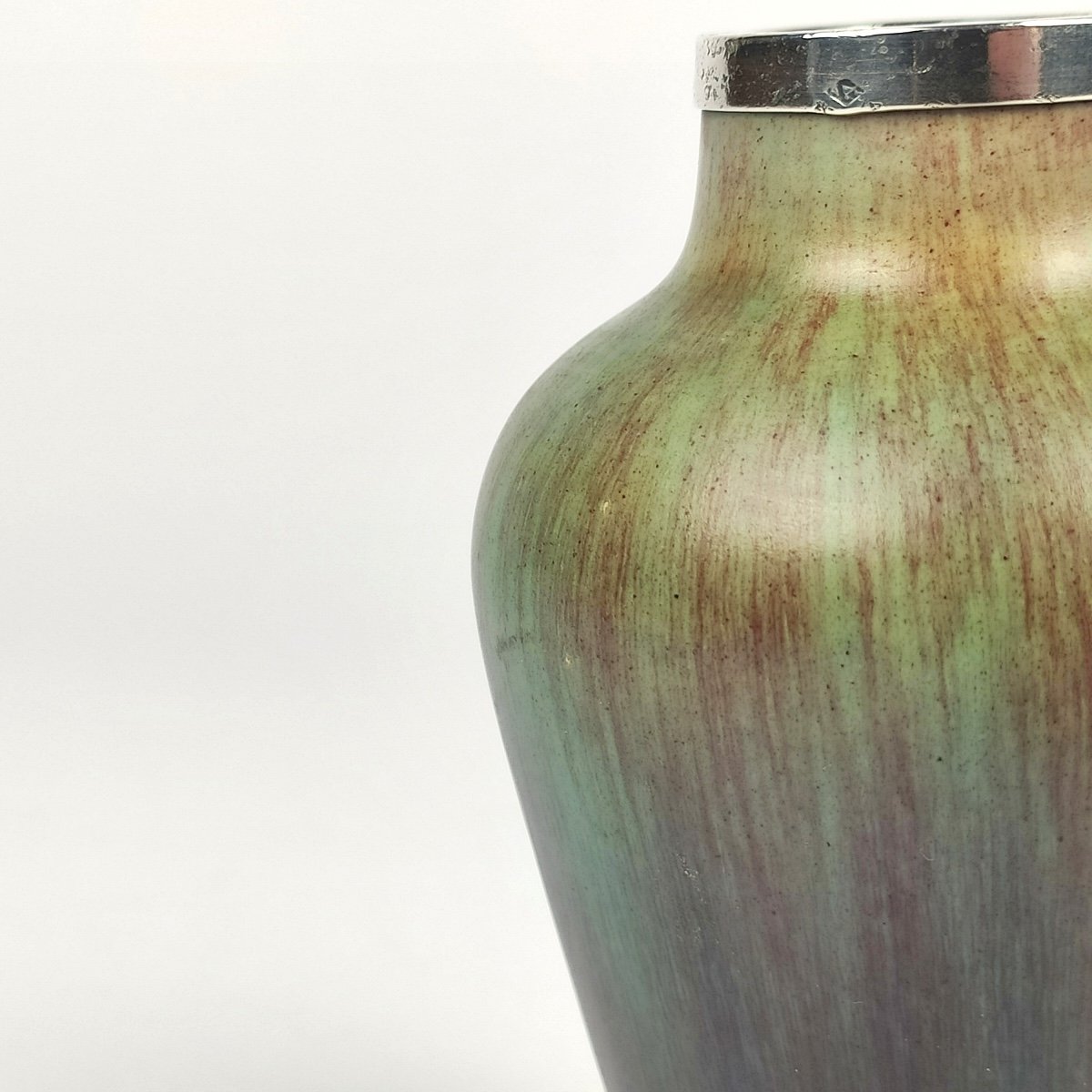 Eugène Baudin : interessant Petit Vase En Grès émaillé Vert Et Violet, Monté En Argent. -photo-4