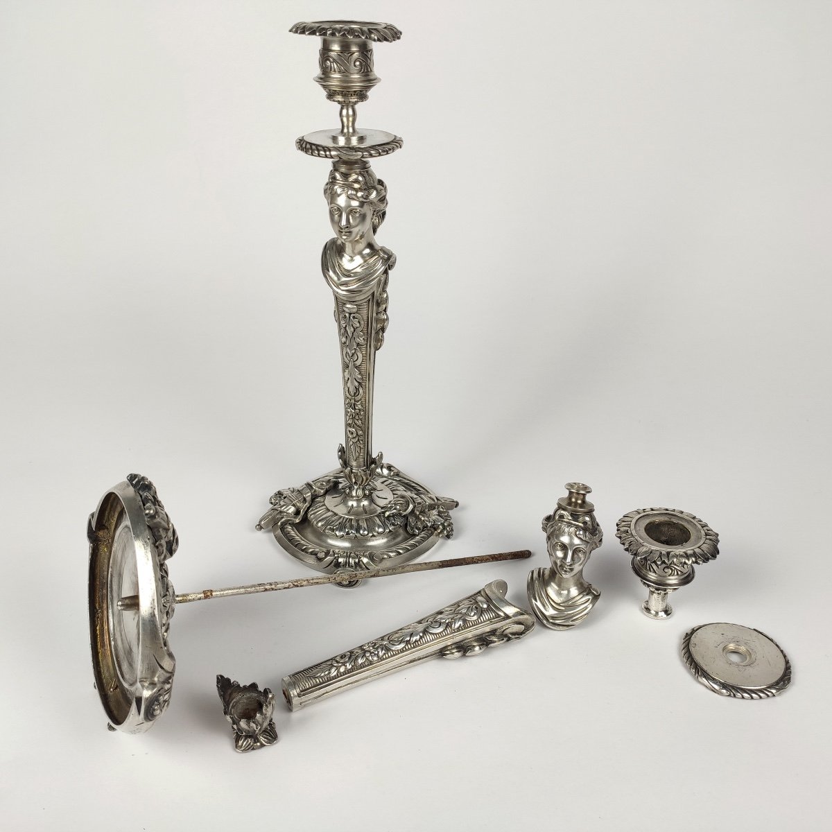 Rare Pair Of Candlesticks In Silvered Bronze, Women In Term, Antique Style. 19th Century. -photo-5