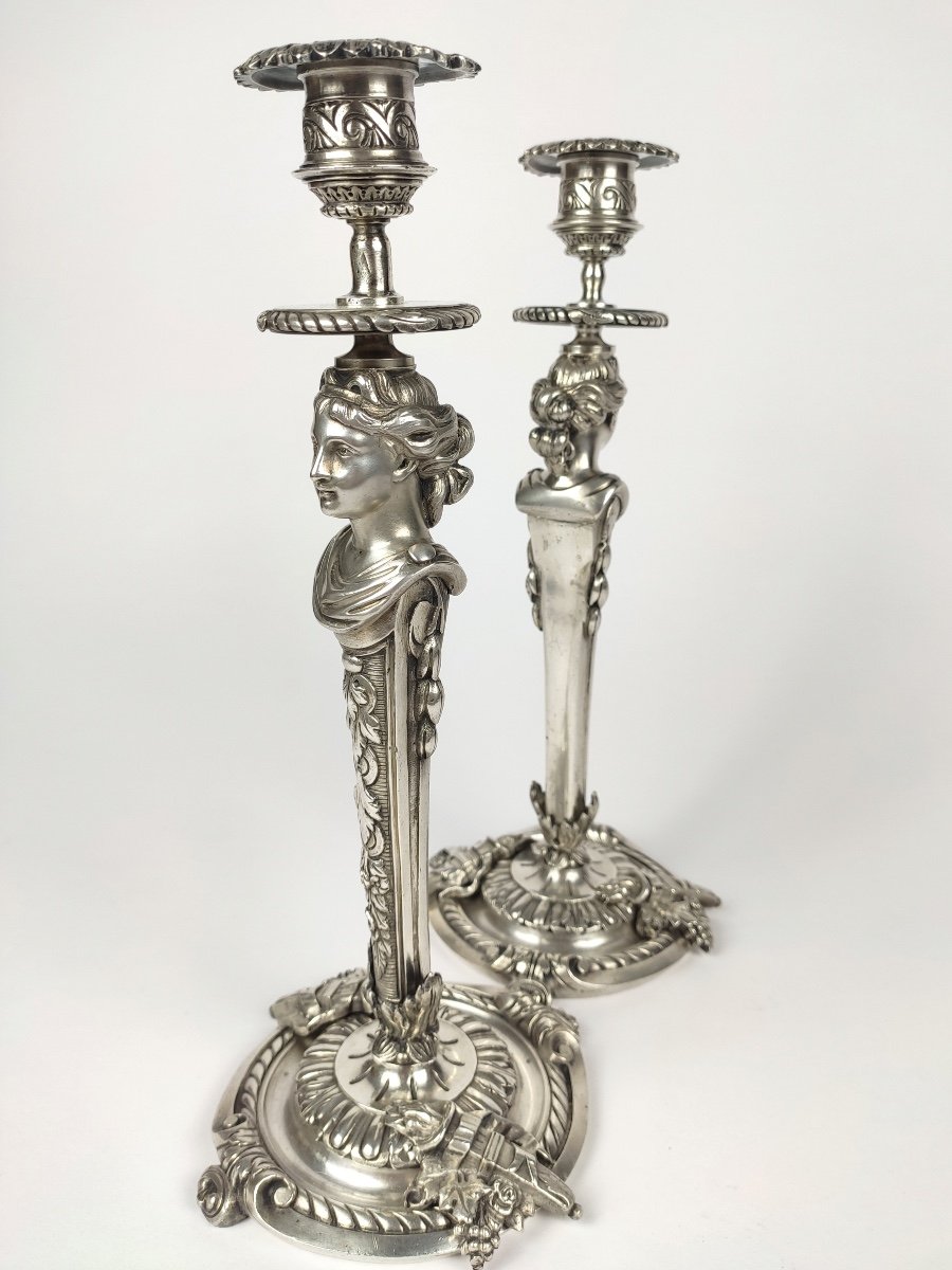 Rare Pair Of Candlesticks In Silvered Bronze, Women In Term, Antique Style. 19th Century. -photo-8