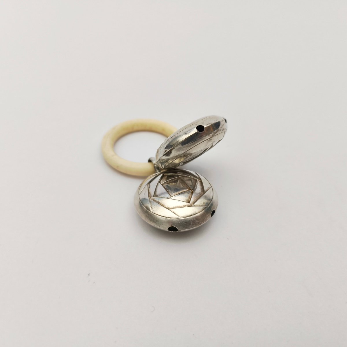 Original Art Deco Period Sterling Silver And Bone Child's Rattle. Early 20th Century. -photo-2