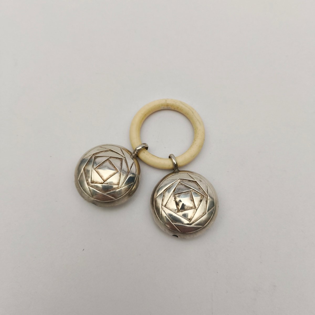 Original Art Deco Period Sterling Silver And Bone Child's Rattle. Early 20th Century. 