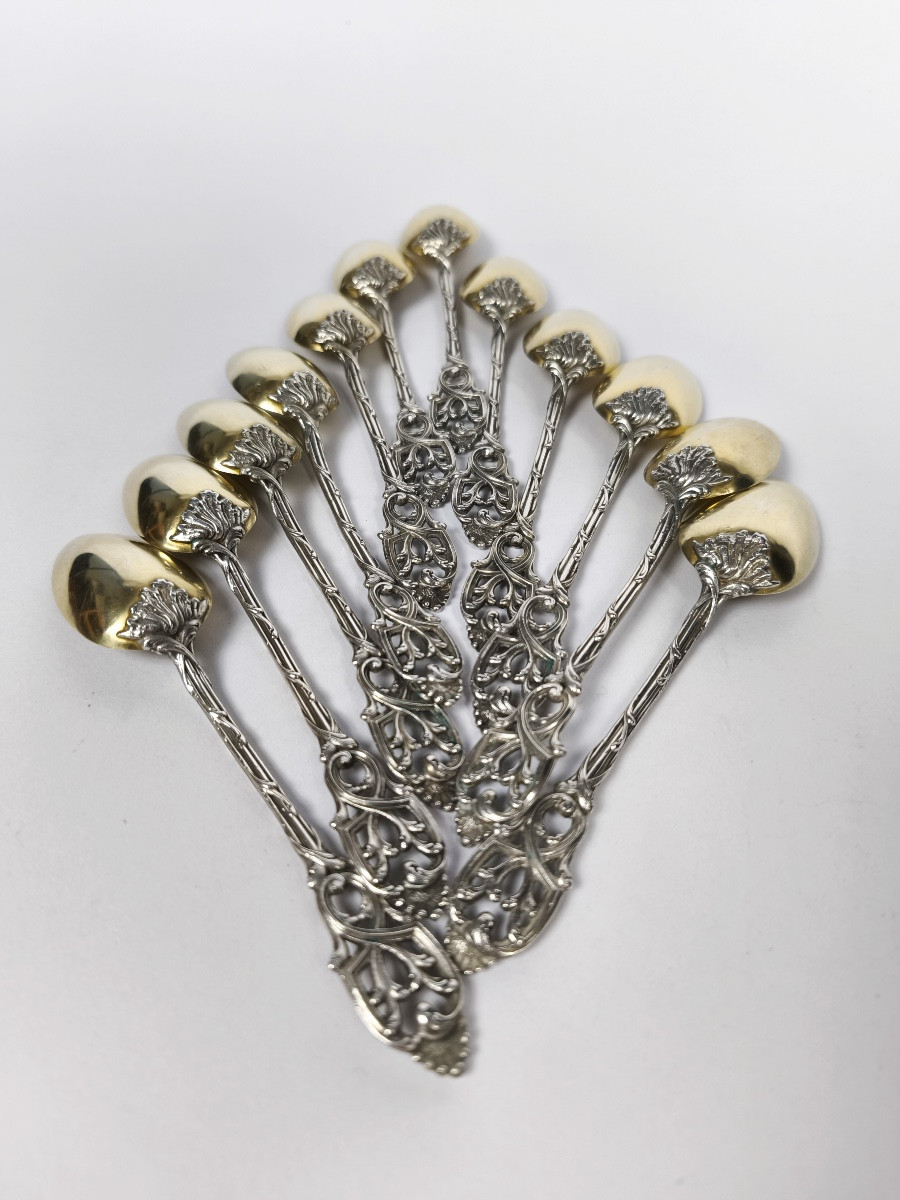Alphonse Debain: 12 Art Nouveau Spoons In Openwork Sterling Silver & Vermeil, Pierced Spatula.