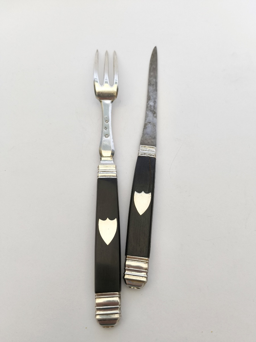 Empire : Couvert De Service, Fourchette à Ragout & Couteau, Argent Et ébène, En écrin. XIXe S. -photo-8