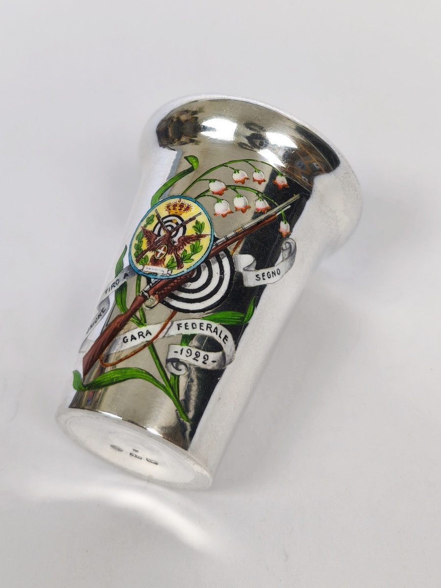 Enameled Sterling Silver Cup, Italian Shooting Prize, Early 20th Century. Art Nouveau. -photo-7