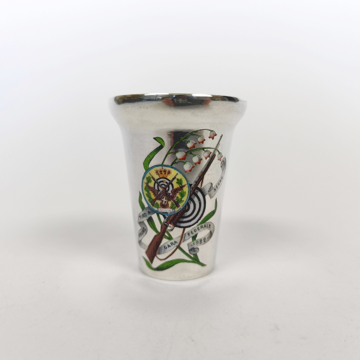 Enameled Sterling Silver Cup, Italian Shooting Prize, Early 20th Century. Art Nouveau. 