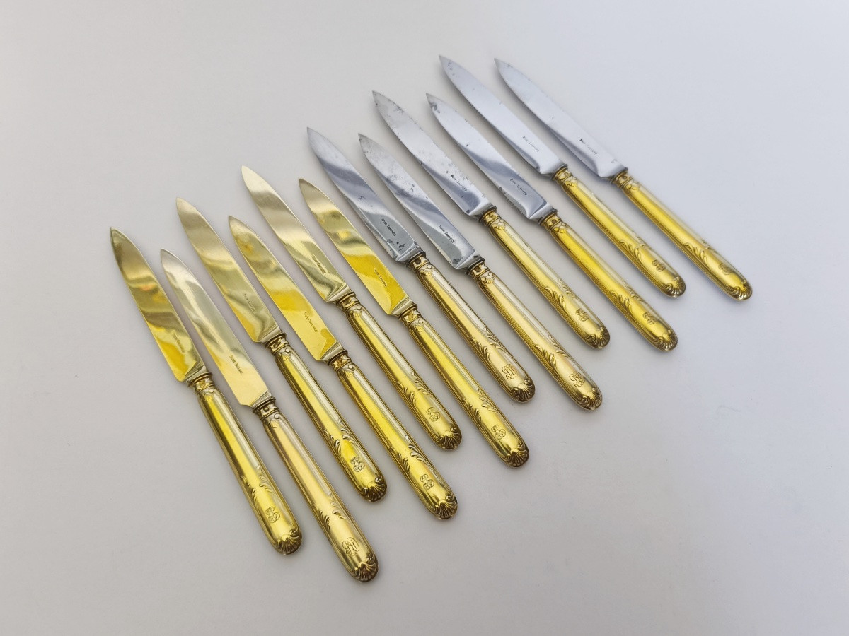 Boin-taburet : Suite De Douze Couteaux En Vermeil, Lame Acier / Argent Doré. C1900 St Louis XVI-photo-2