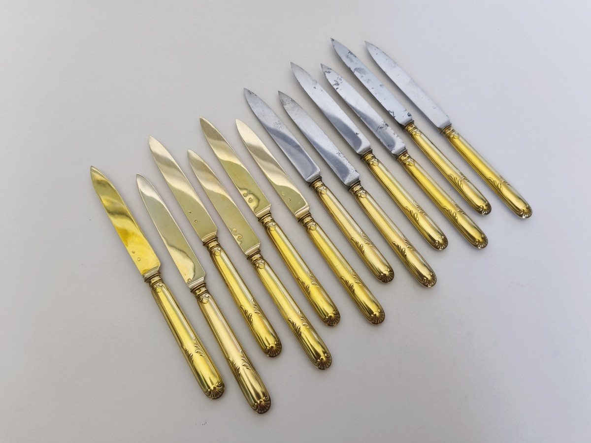 Boin-taburet : Suite De Douze Couteaux En Vermeil, Lame Acier / Argent Doré. C1900 St Louis XVI-photo-3