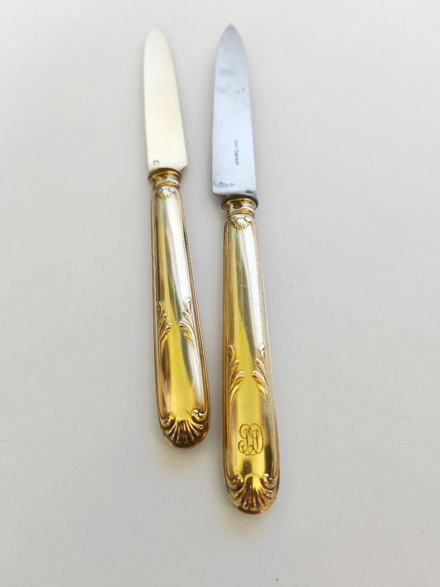Boin-taburet : Suite De Douze Couteaux En Vermeil, Lame Acier / Argent Doré. C1900 St Louis XVI-photo-1