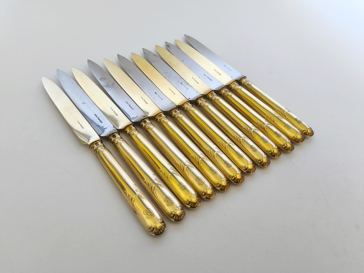 Boin-taburet : Suite De Douze Couteaux En Vermeil, Lame Acier / Argent Doré. C1900 St Louis XVI-photo-2