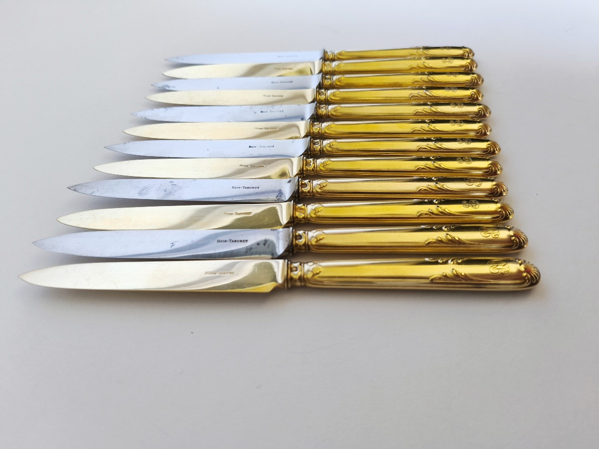 Boin-taburet : Suite De Douze Couteaux En Vermeil, Lame Acier / Argent Doré. C1900 St Louis XVI-photo-3