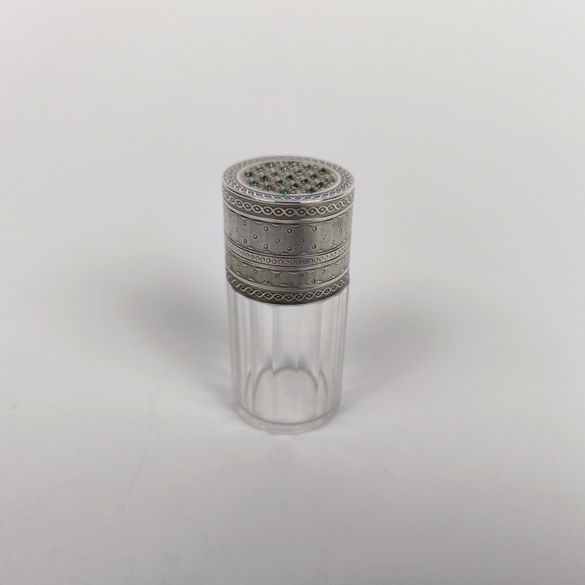 Large Salt Or Perfume Bottle In Crystal, Sterling Silver & Green Stone (emerald?) France, 19th Century-photo-2
